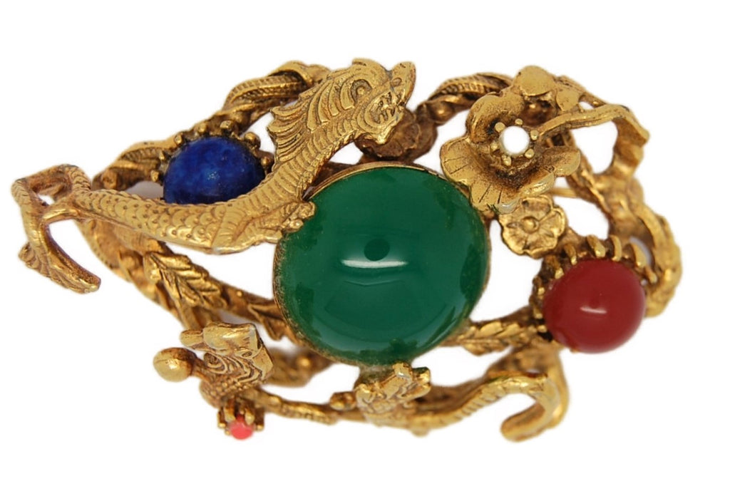 Swoboda Triple Dragon Jade Carnelian Vintage Figural Pin Brooch