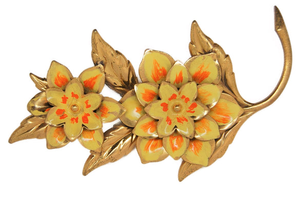 Tabby Double Flowers Floral Autumn Vintage Figural Pin Brooch