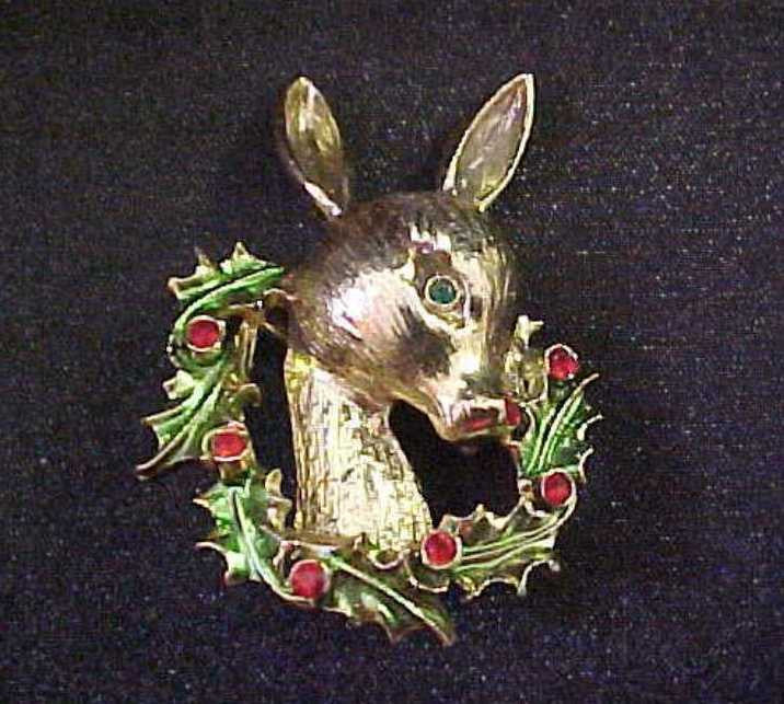 Tancer II Christmas Doe Reindeer with Wreath Brooch - Mink Road Vintage Jewelry