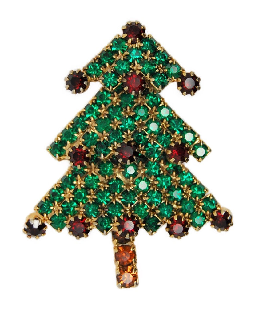 Christmas Tree Triple Tier Green & Ruby Rhinestones Vintage Brooch - 1970s