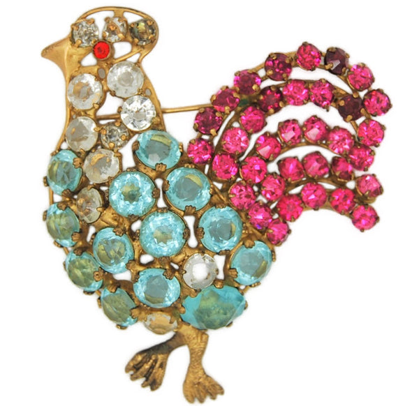 Vogue Jeweled Sterling Vermeil Strutting Hen Vintage Figural Pin Brooch