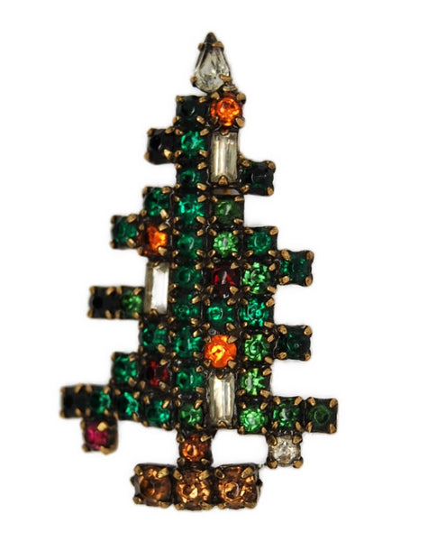 Weiss 3 Candle Rhinestone Christmas Tree Vintage Costume Figural Brooch