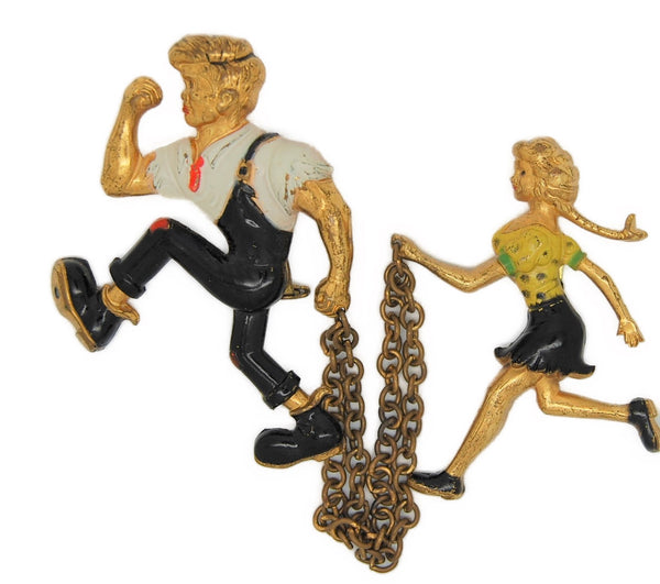 Lil Abner & Daisy Chatelaine Set Vintage Figural Pin Brooch