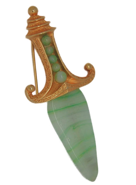Marvella Jade Dagger Blade Beaded Hilt Vintage Costume Figural Pin Brooch