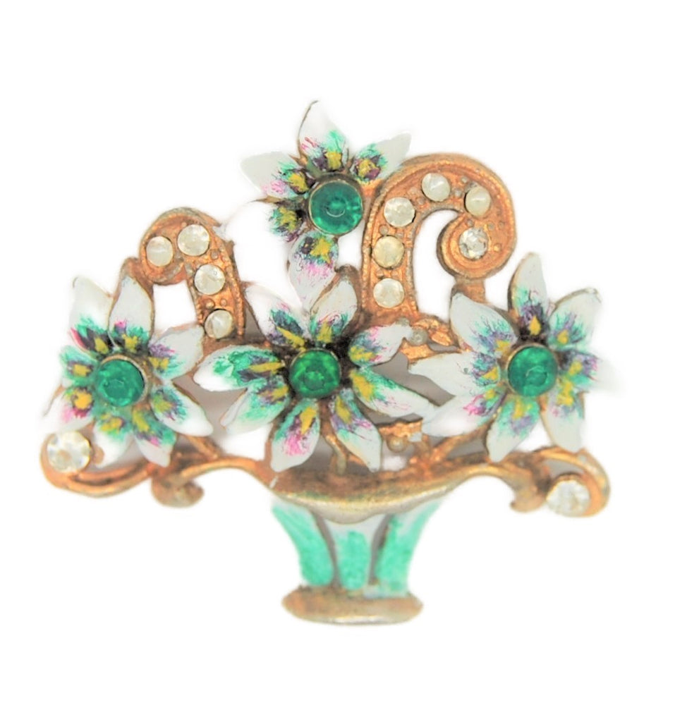 Vintage Floral Enamel & Rhinestones Urn Vintage Figural Brooch
