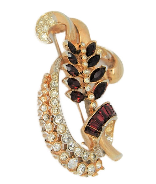 Coro Ruby Clear Rhinestones Floral Spray Vintage Costume Figural Pin Brooch
