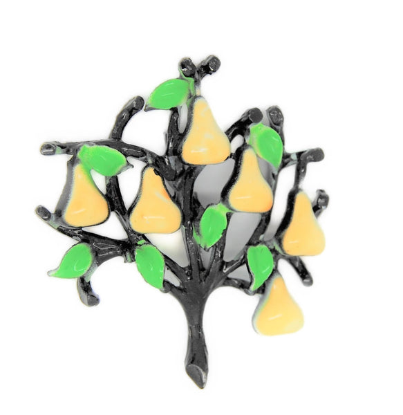 Vintage Pear Tree Enamel Japanned Figural Costume Pin Brooch