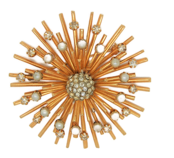 Vendome Gold Plated Star Burst Pearls & Rhinestones Vintage Costume Pin Brooch