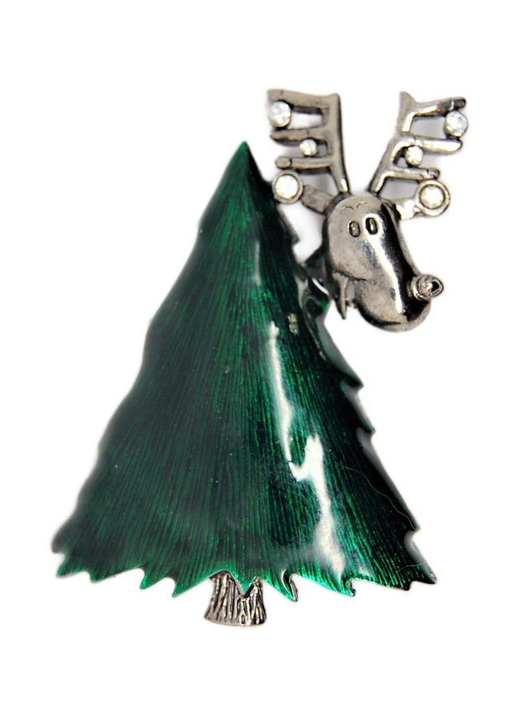 LIA Lianna Peeking Reindeer Green Enamel Christmas Tree Vintage Figural Brooch