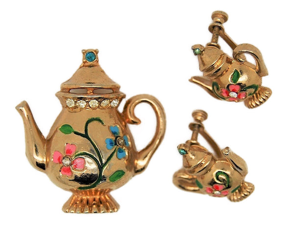 Coro Teapot Floral Figural Brooch and Matched Earrings A. Katz 1948